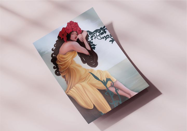 Illustration d'une femme en robe jaune coiffée de fleurs rouges